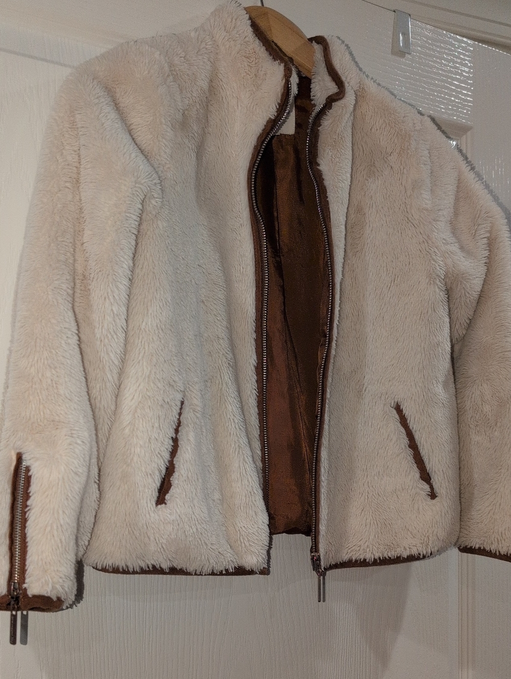 Plush Faux-Shearling Zip Front Girl's Jacket - Cream
